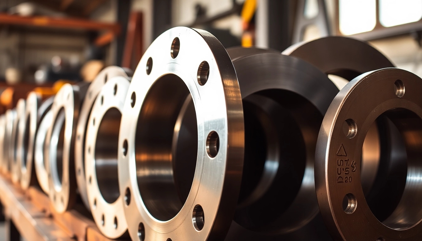 Showcase various steel flanges on a workbench, emphasizing their durability and craftsmanship.