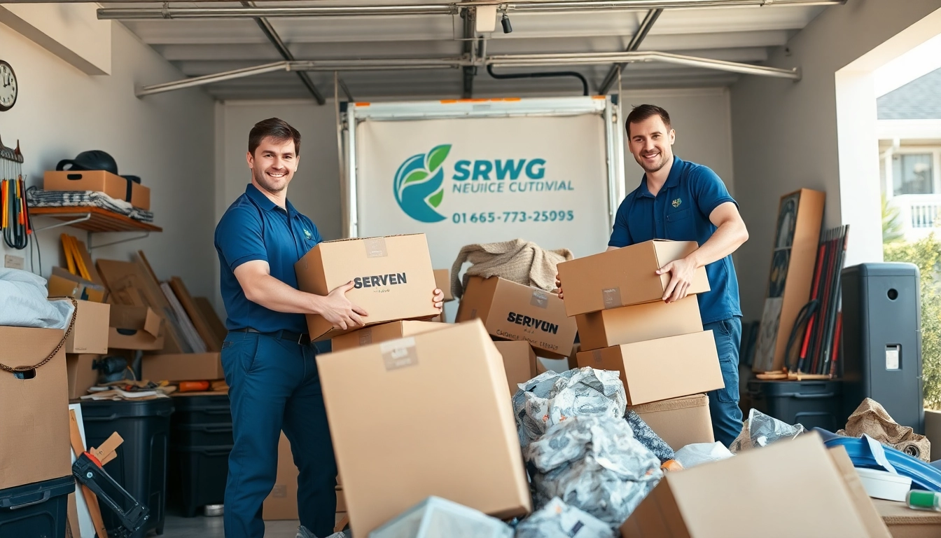Junk removal service workers efficiently clearing clutter from a busy residential garage.