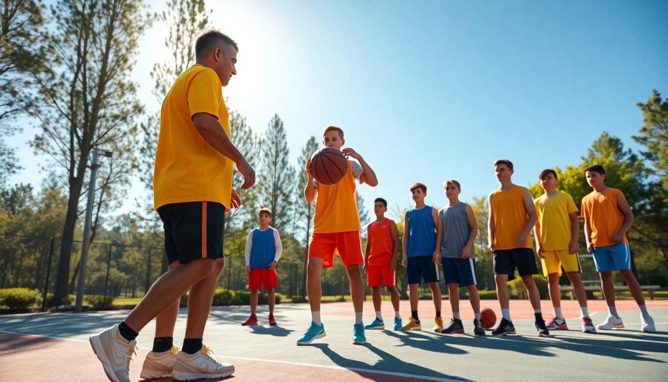 Engaging basketball training programs with young athletes working on their skills on an outdoor court.