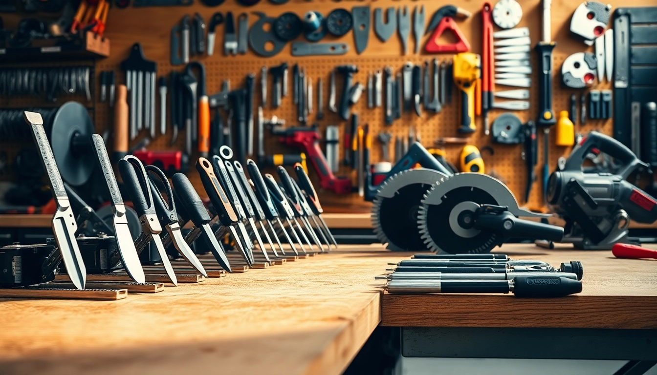 Showcase of cutting equipment on a workbench, highlighting precision tools and craftsmanship.