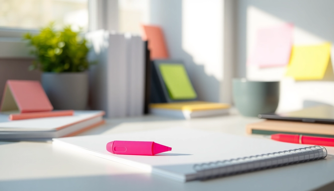 Highlight vibrant notes with a pink highlighter pen, enhancing your study or creative workspace.