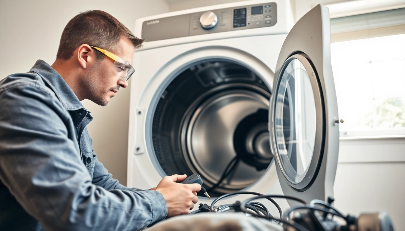 Fixing a dryer repair with a technician in a well-lit room, showcasing repair tools and components.