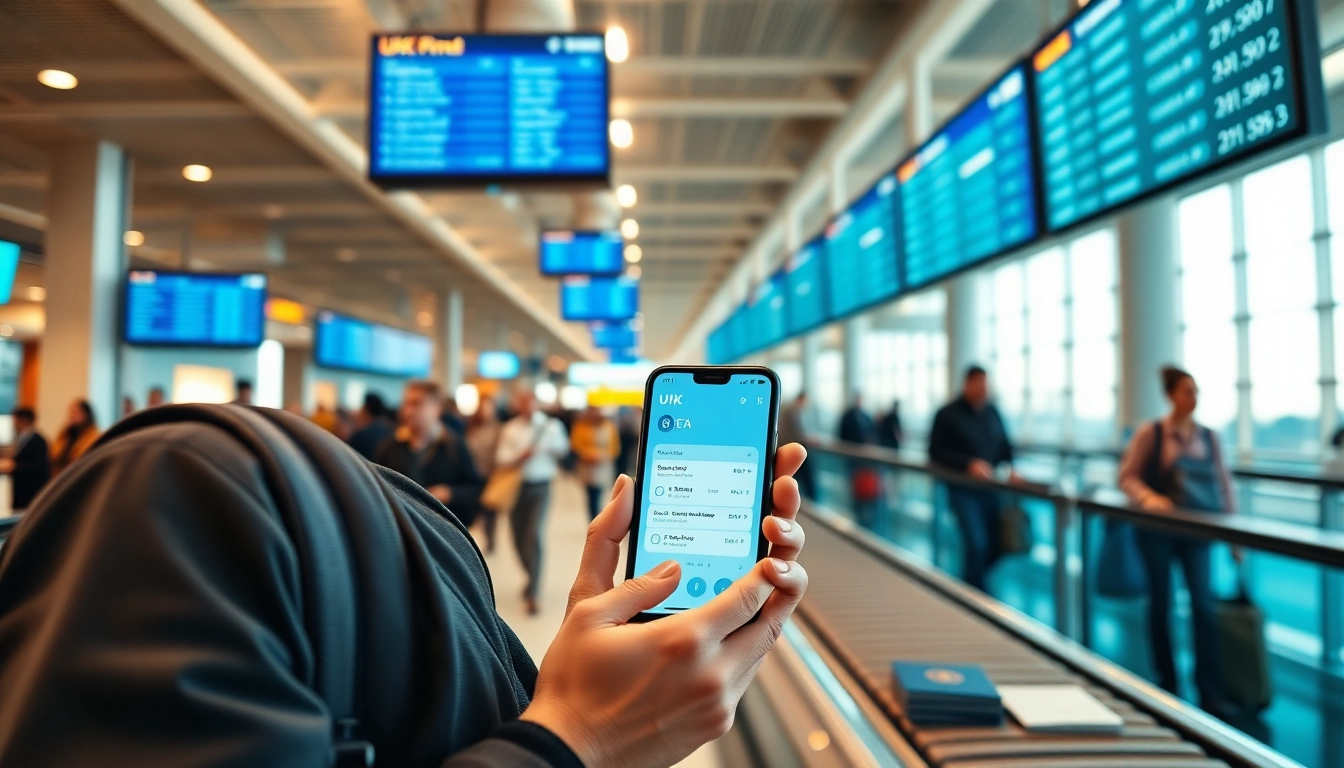 Traveler accessing the uk eta online application at the airport with anticipation and excitement.