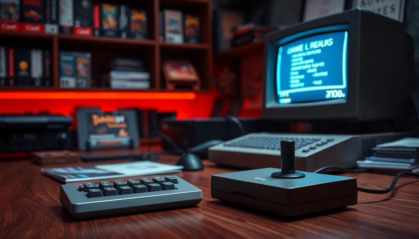Play DOS games on a vintage computer with classic gaming accessories.