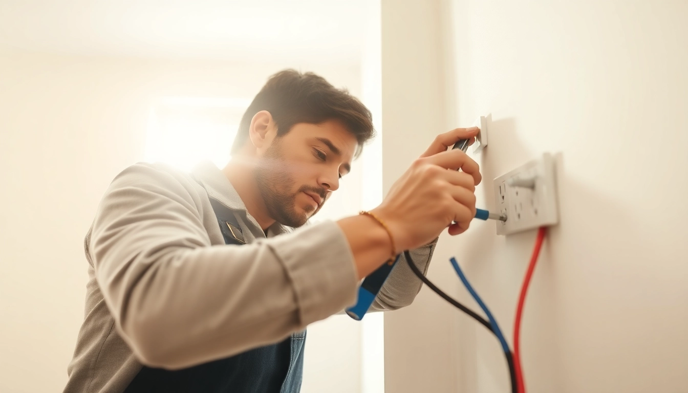 Electrician installing wiring in a bright home setting, showcasing expertise and professionalism.