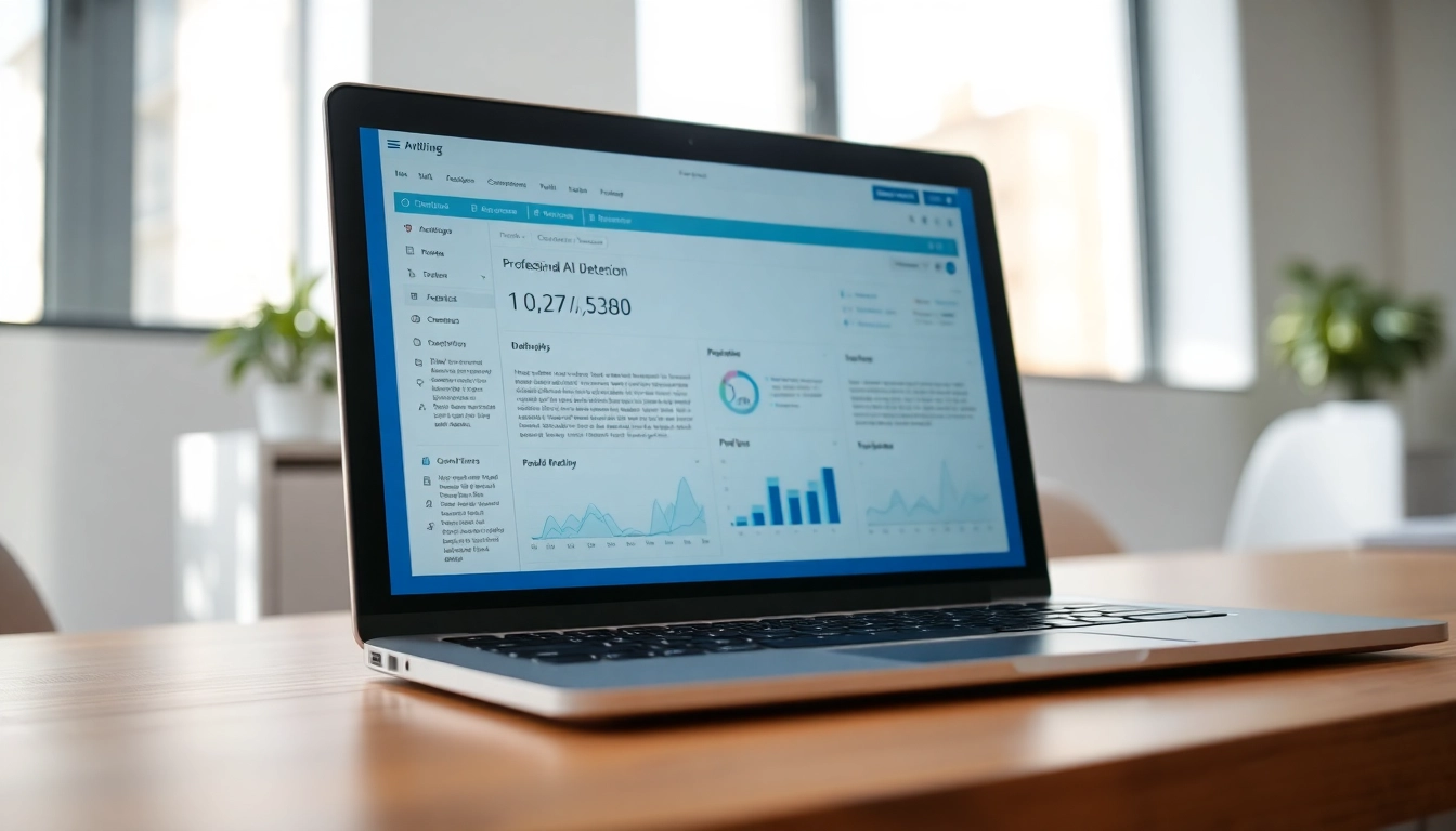 AI detector tool analyzing text data on a laptop screen in a modern office setting.