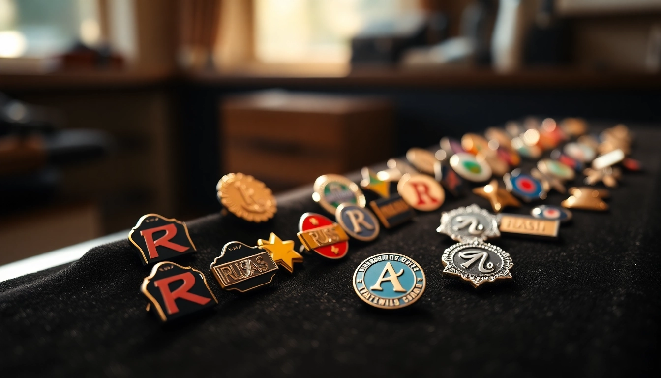 Showcase of Rush lapel pins highlighting unique designs and vibrant colors against a black velvet background.