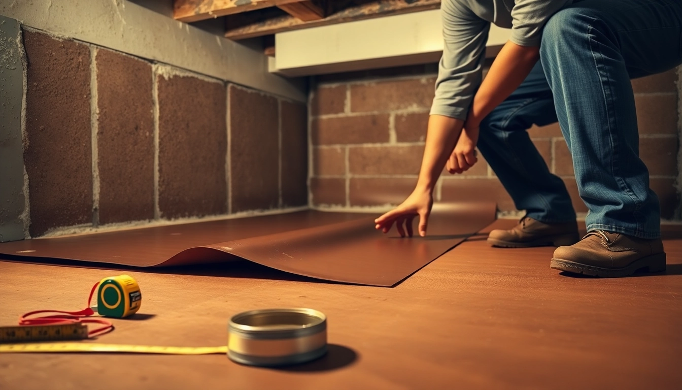 Vapor barrier installation demonstrated by a technician in a basement with focused lighting and detailed tools.