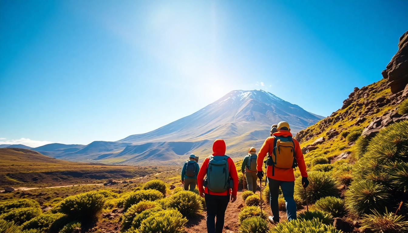 Kilimanjaro Trekking adventure with climbers in lush green landscape and rocky terrain.