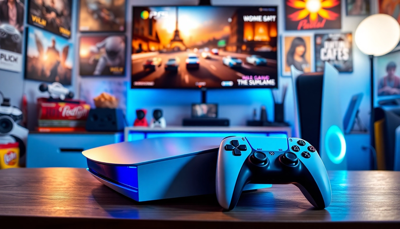 Showcasing PS5 games with a vibrant gaming setup featuring dynamic console and accessories.