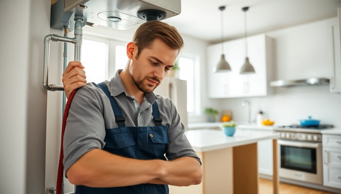 Efficient technician demonstrating raleigh water heater installation in a modern kitchen setting.