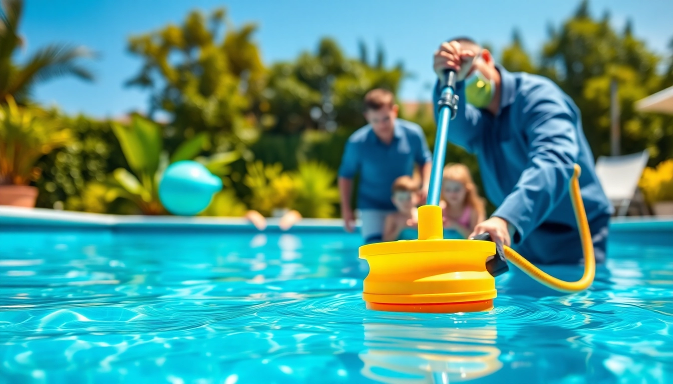 Efficient pool services Queen creek, showcasing a professional technician cleaning a sparkling pool.