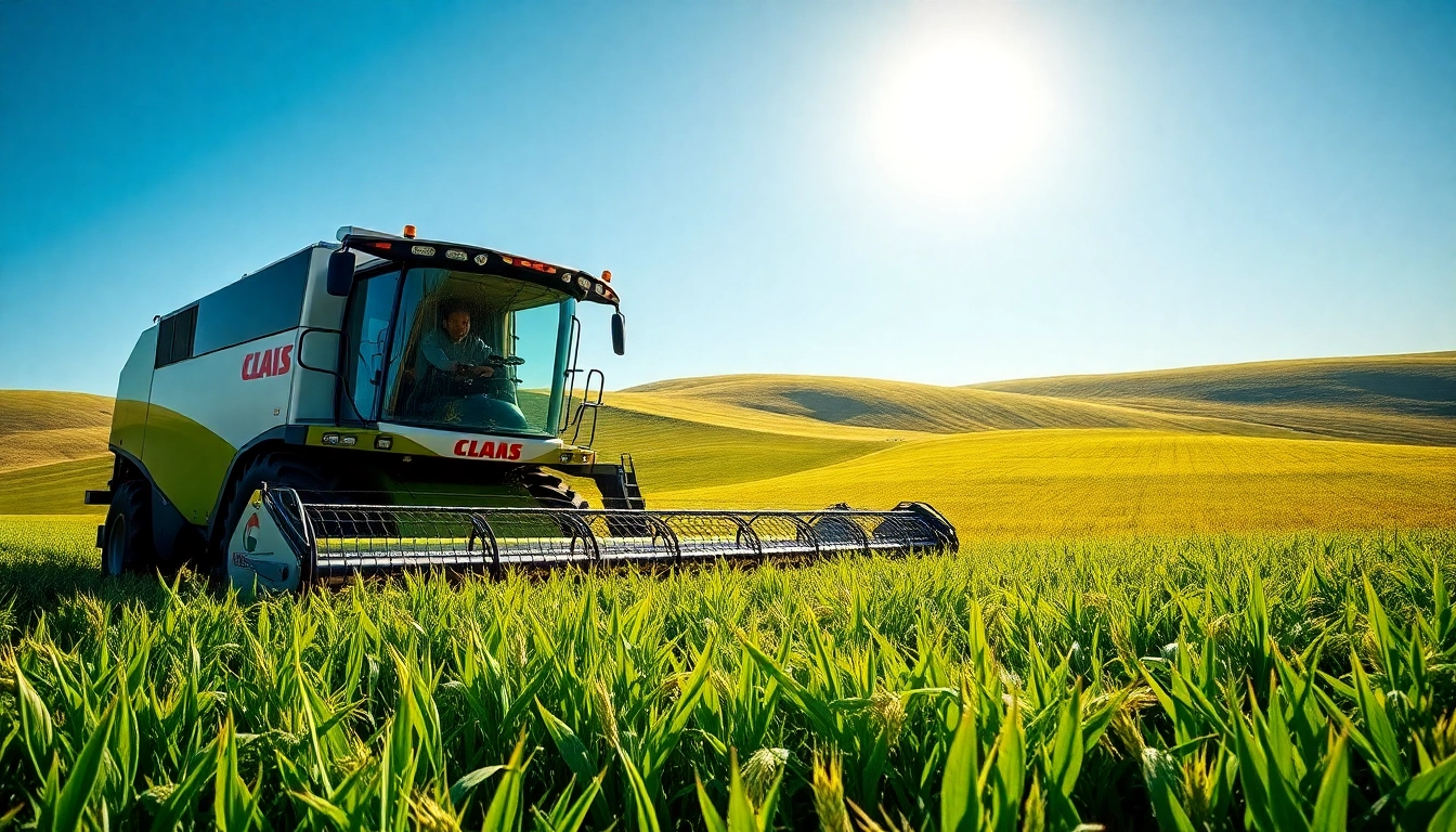 Claas Mähdrescher effizient in einem sonnigen Feld bei der Arbeit.