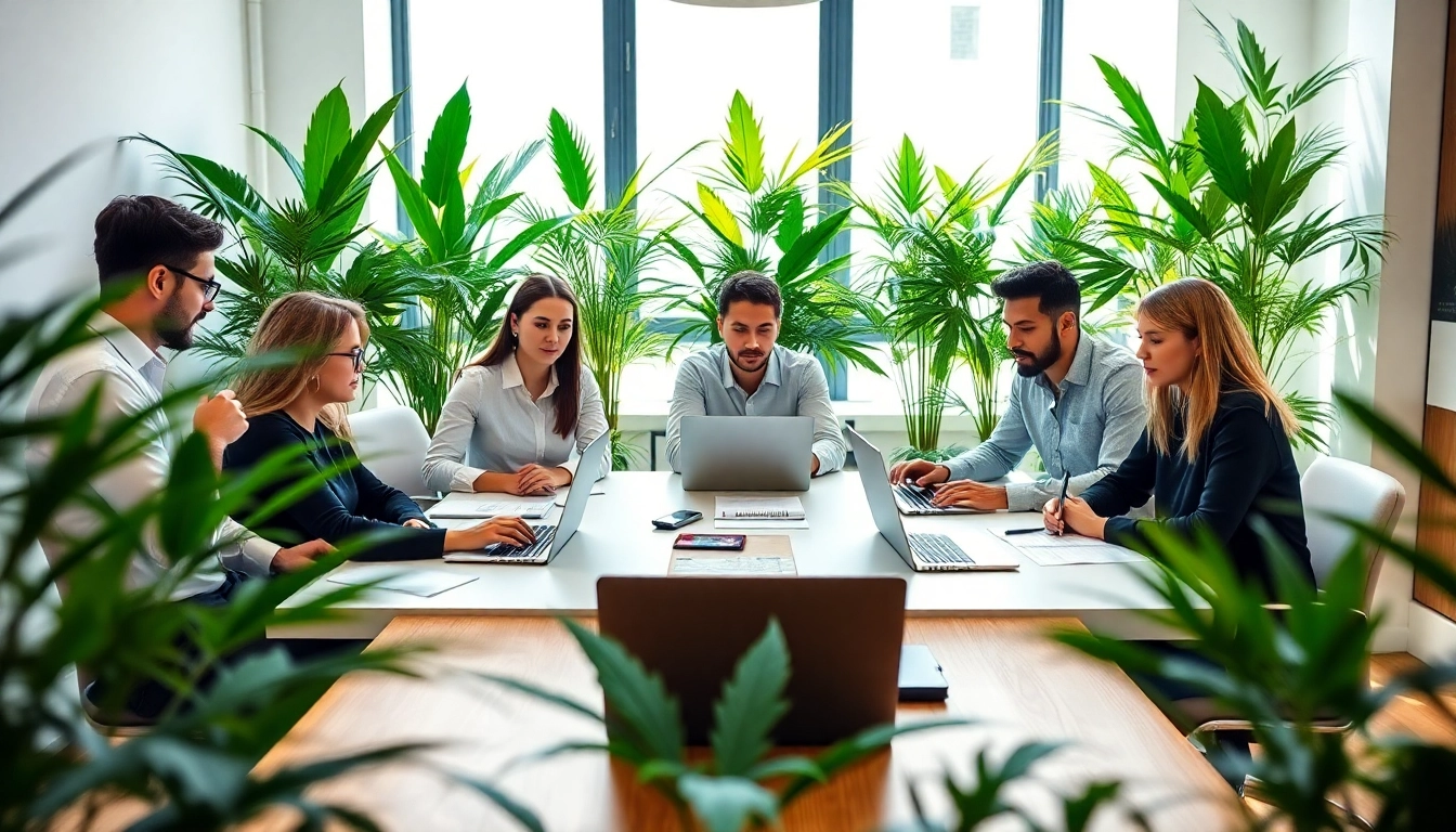 Cannabis marketing agency team collaborating on innovative strategies in a modern office.