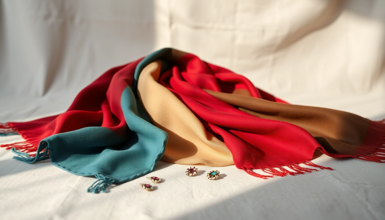 Stylish scarves displayed artfully on textured fabric, showcasing vibrant colors and intricate designs.