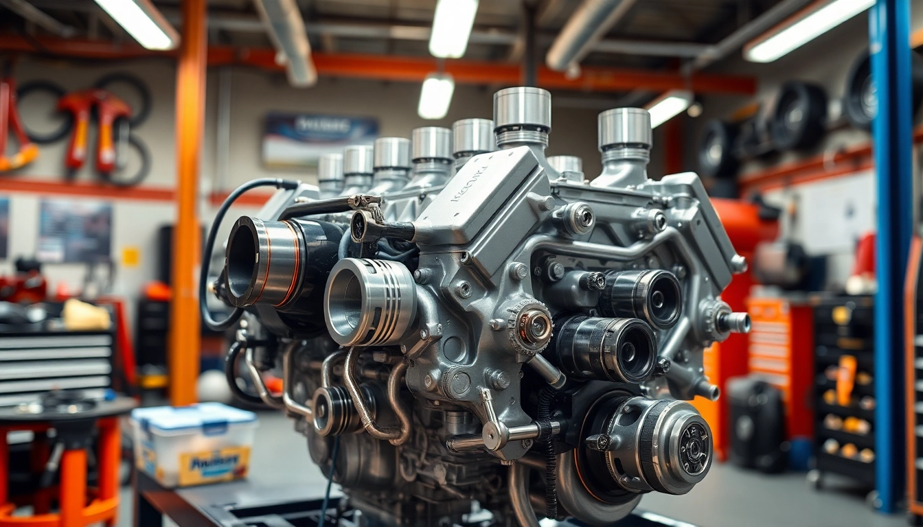 Showcase of used car engines for sale featuring a rebuilt engine on a workbench.