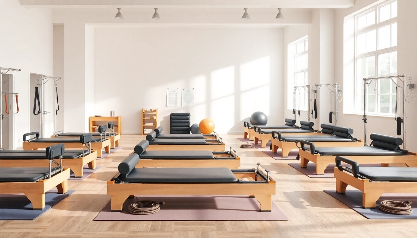 Showcase of wholesale pilates equipment in a modern fitness studio with various machines and accessories