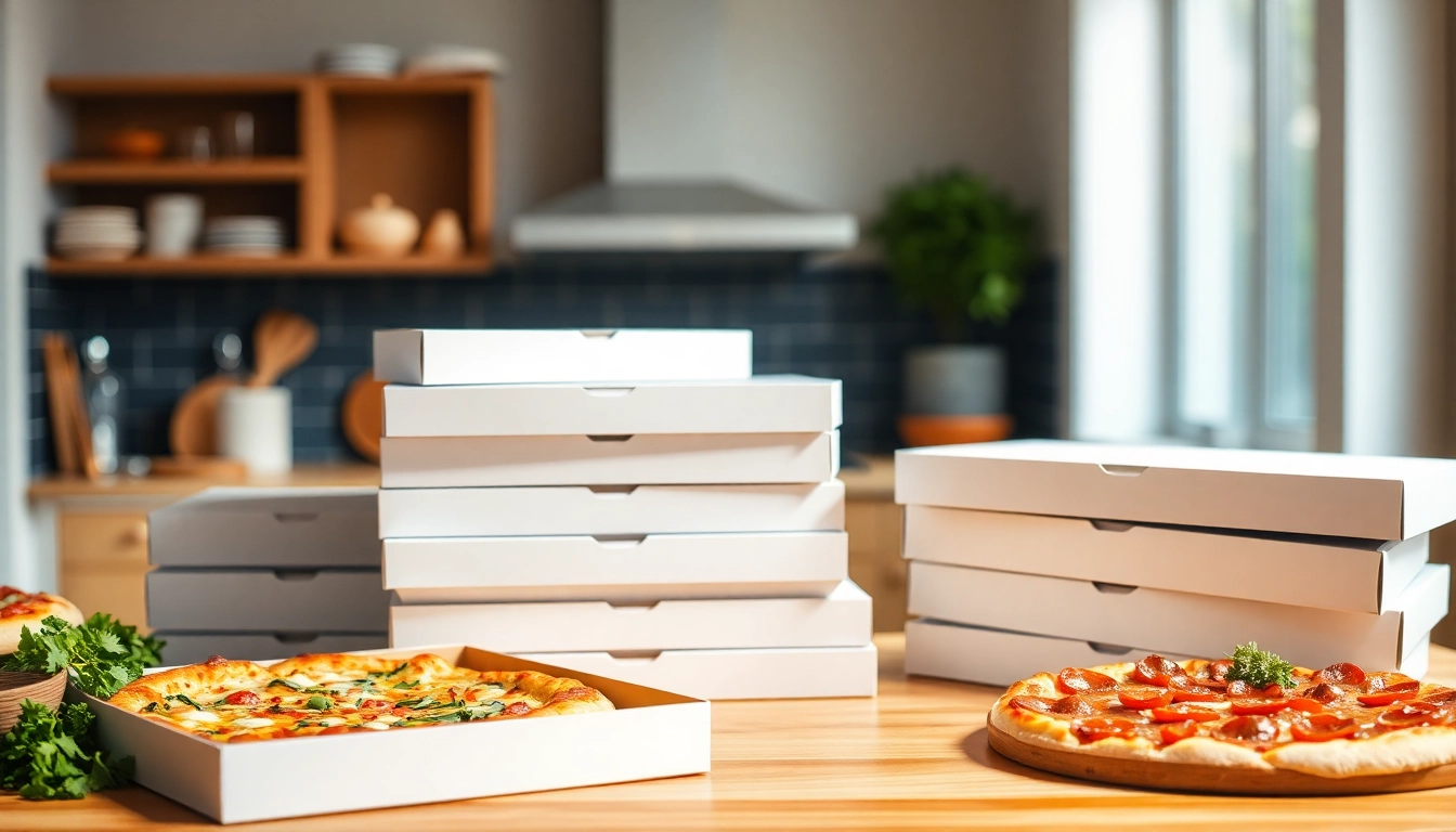 Showcase of Pizza Boxs in a modern kitchen with freshly made pizzas and vibrant herbs.