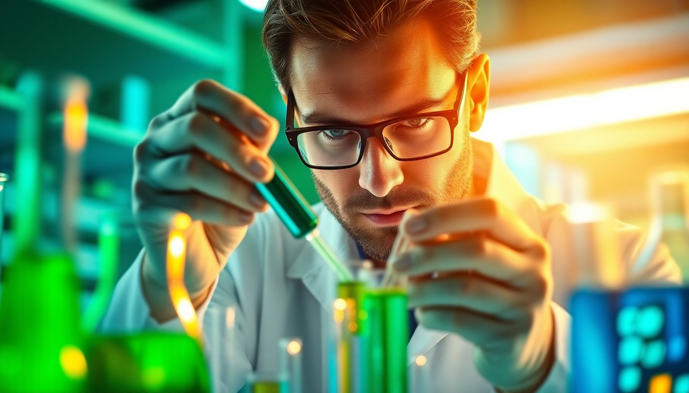 Scientist researching the creation of cbd synthetic in a vibrant laboratory.