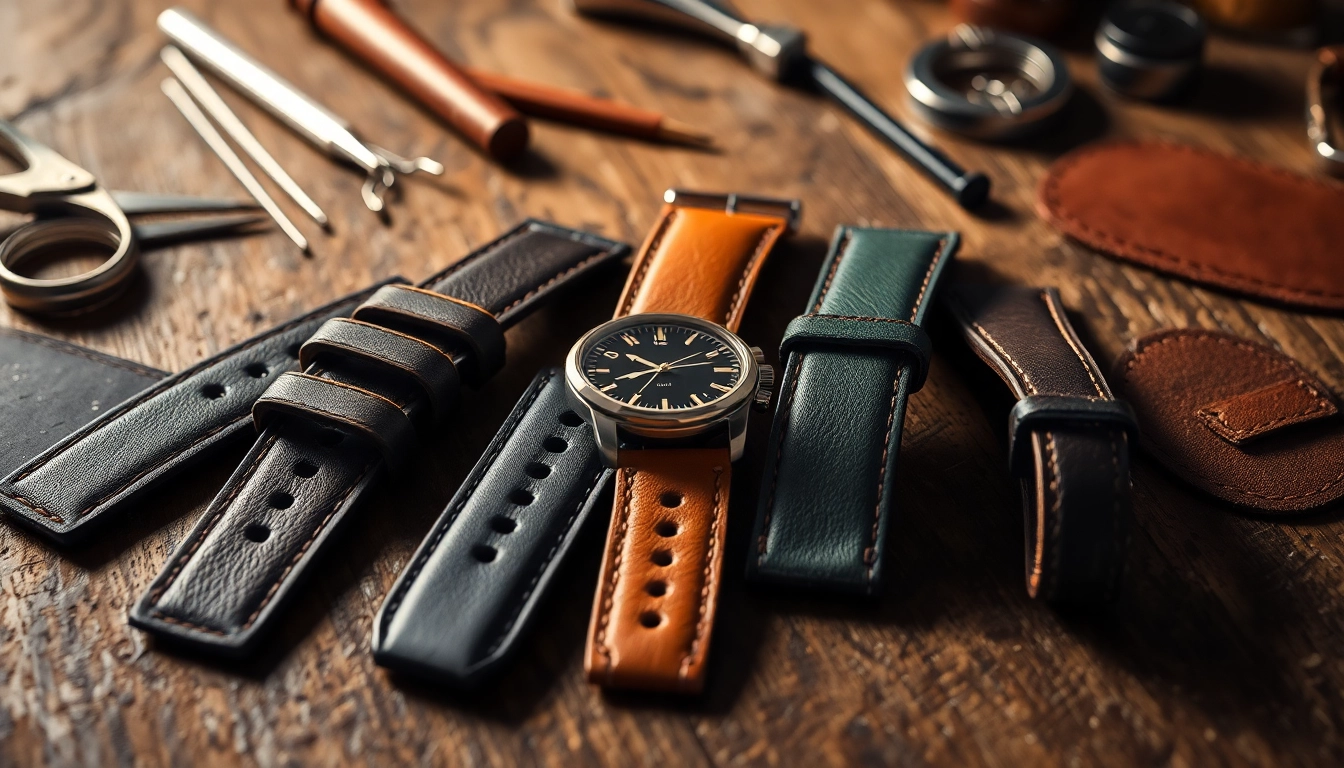 Showcasing luxury watch straps uk on a rustic wooden table, emphasizing craftsmanship and quality materials.