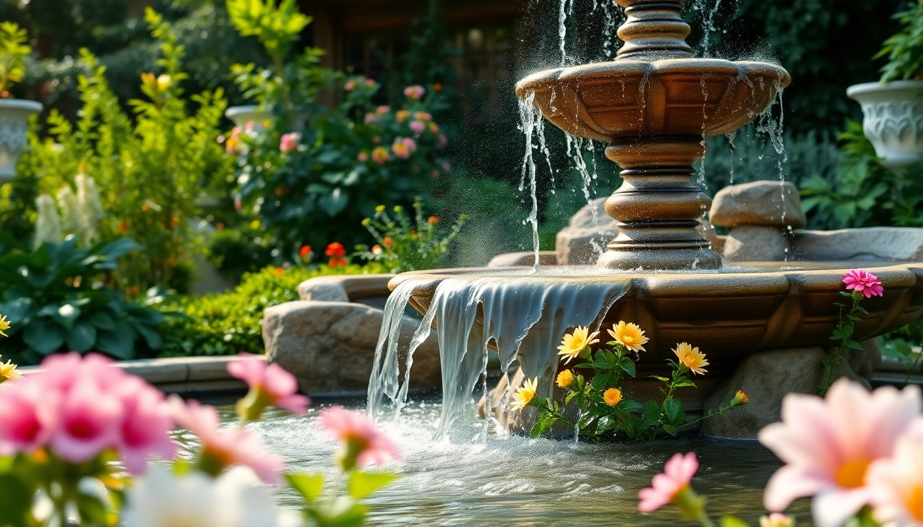 Gartenbrunnen in einem idyllischen Garten mit fließendem Wasser und lebhaften Blumen.