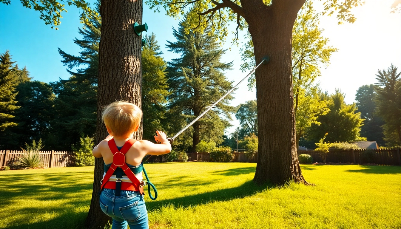 Child enjoying adventure with a fully installed ZIP WIRE KIT in a vibrant backyard setting.
