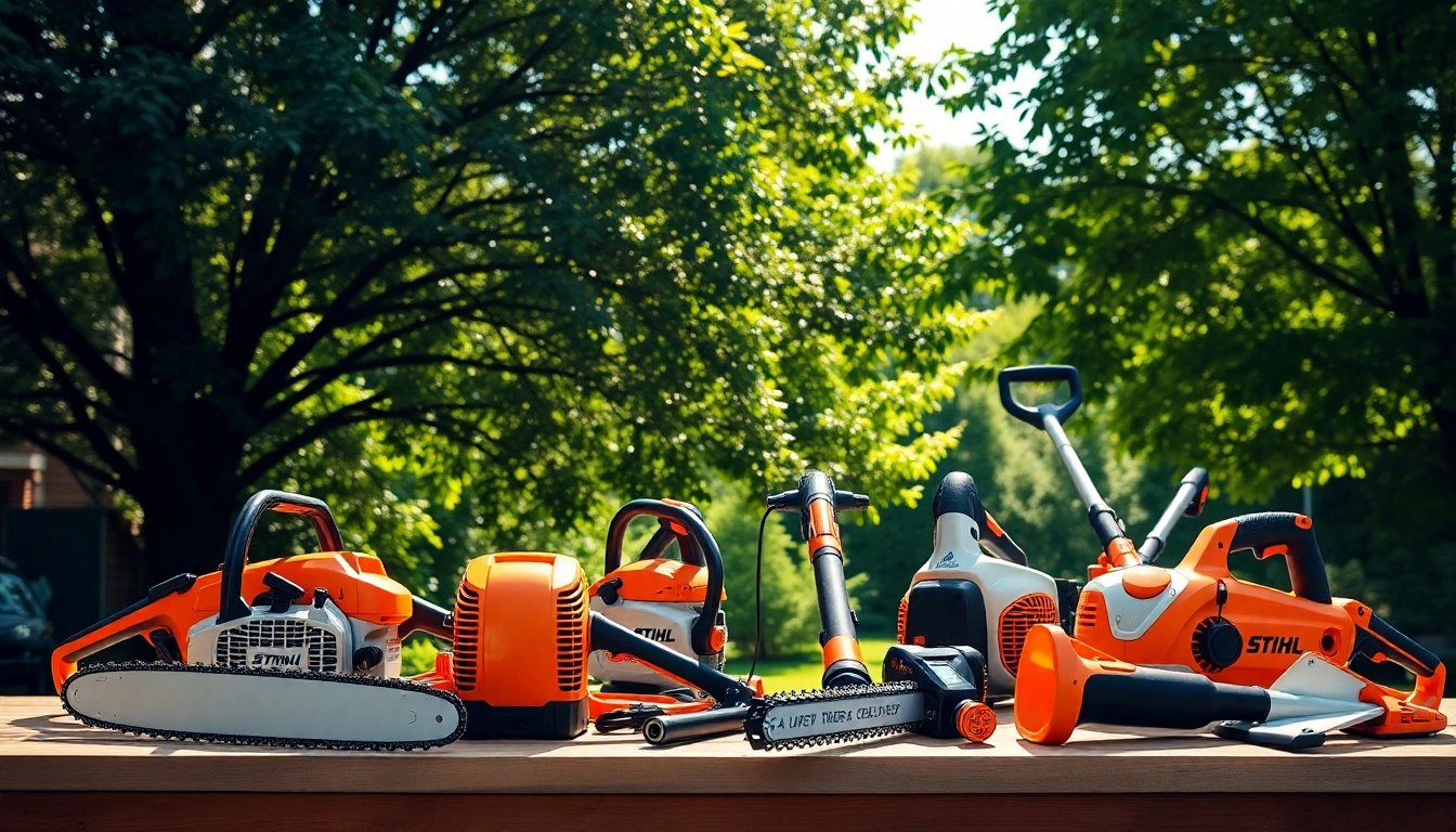 Stihl Werkzeuge auf einem Holzarbeitsplatz in einem idyllischen Garten, ideal zum Arbeiten.