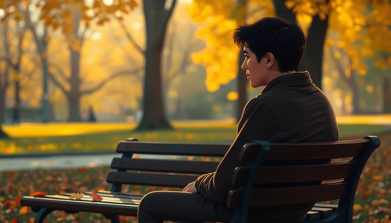 Contemplative individual reflecting on a relationship breakup amidst autumn leaves.