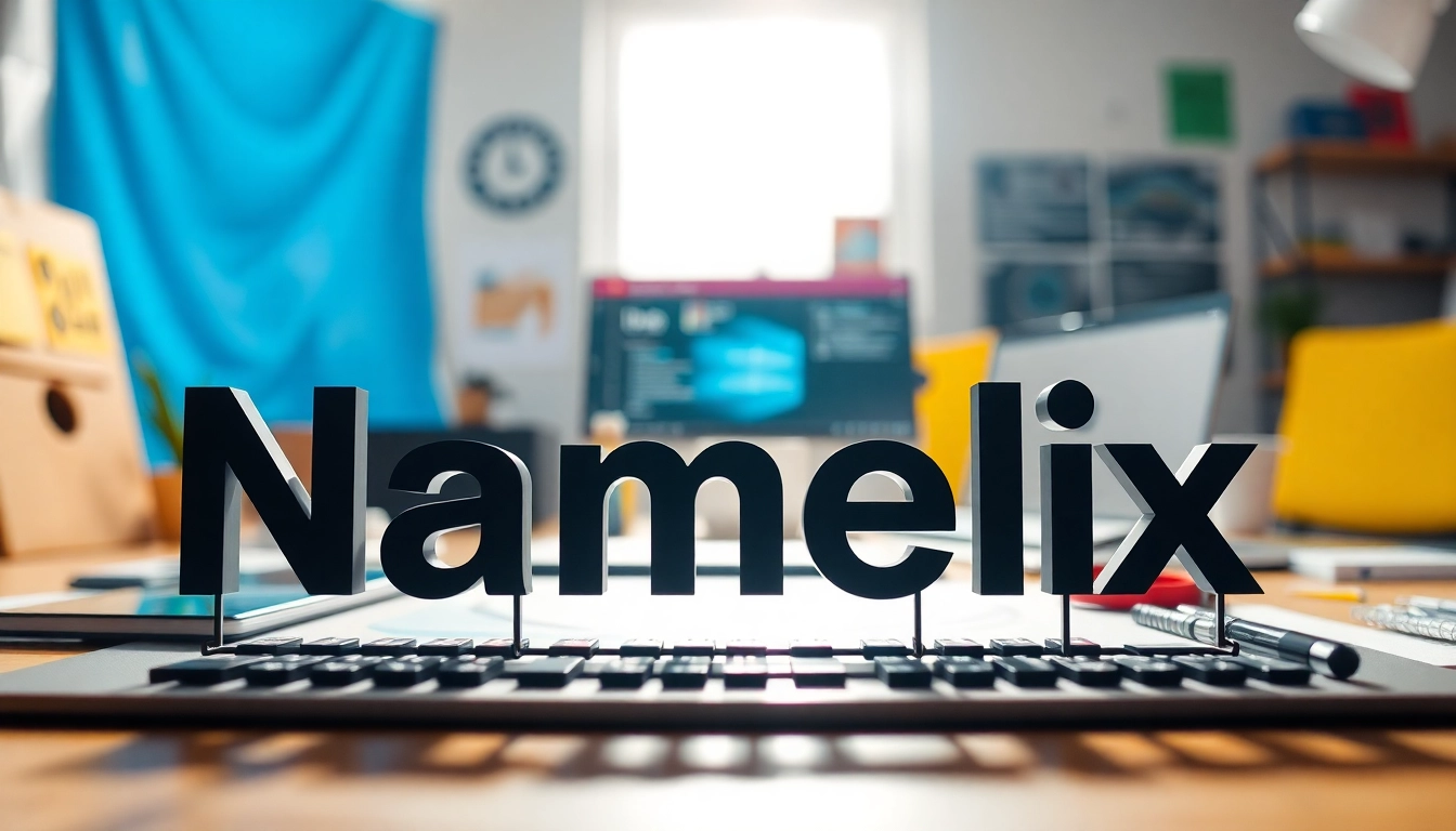 Namelix logo design concept showcasing creativity in branding within a vibrant workspace.