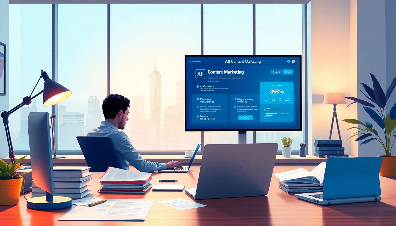 Engaged marketer using an AI content marketing platform on a laptop in a modern workspace.