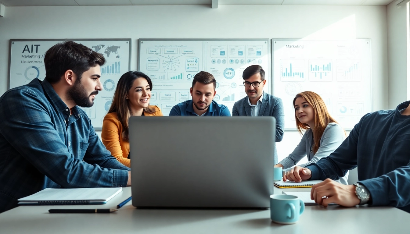 Team collaborating on the AI content marketing platform in a modern office with a vibrant and innovative atmosphere.