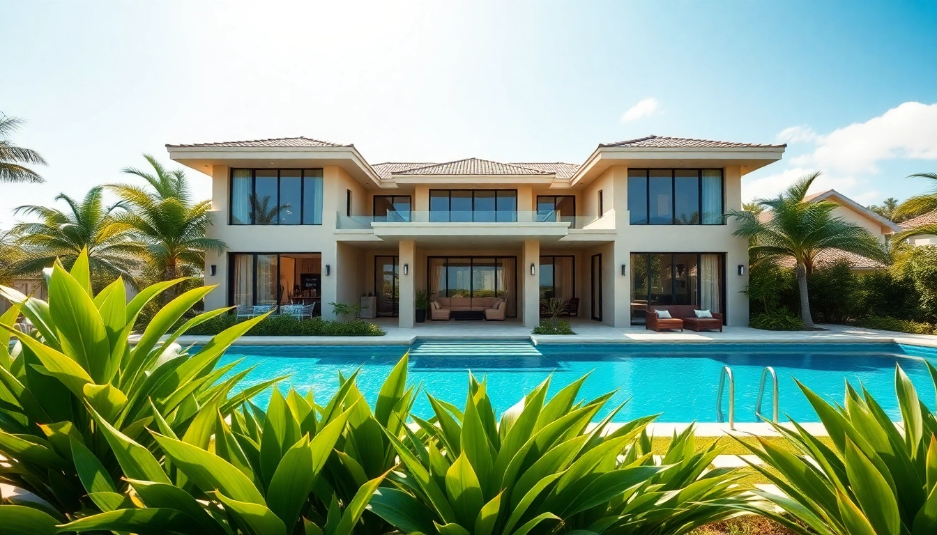 Explore villa sales with this modern villa showcasing tropical landscaping and inviting atmosphere.