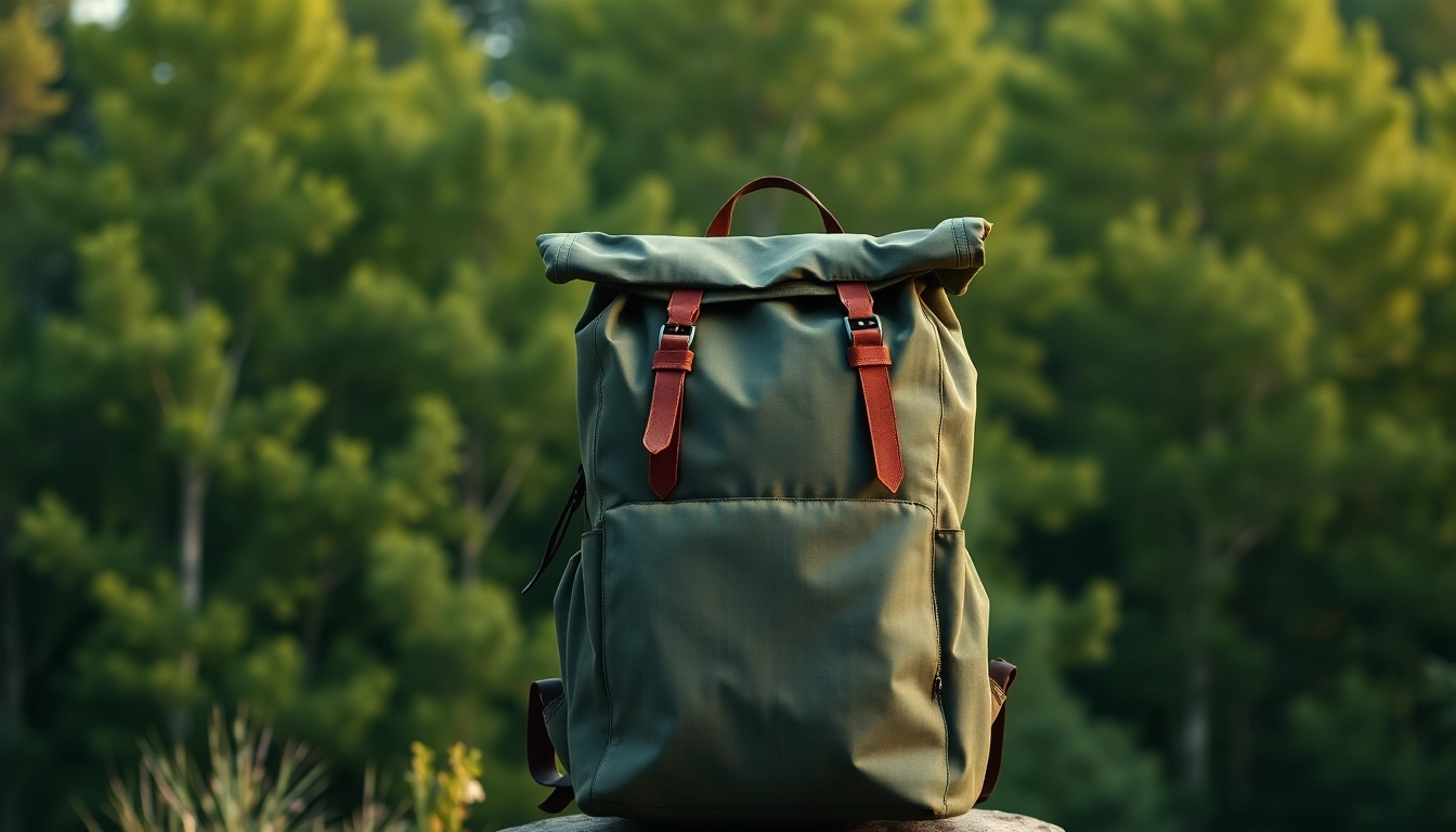 Rolltop Rucksack präsentiert in einer natürlichen Umgebung mit praktischem Design und stilvollen Merkmalen.