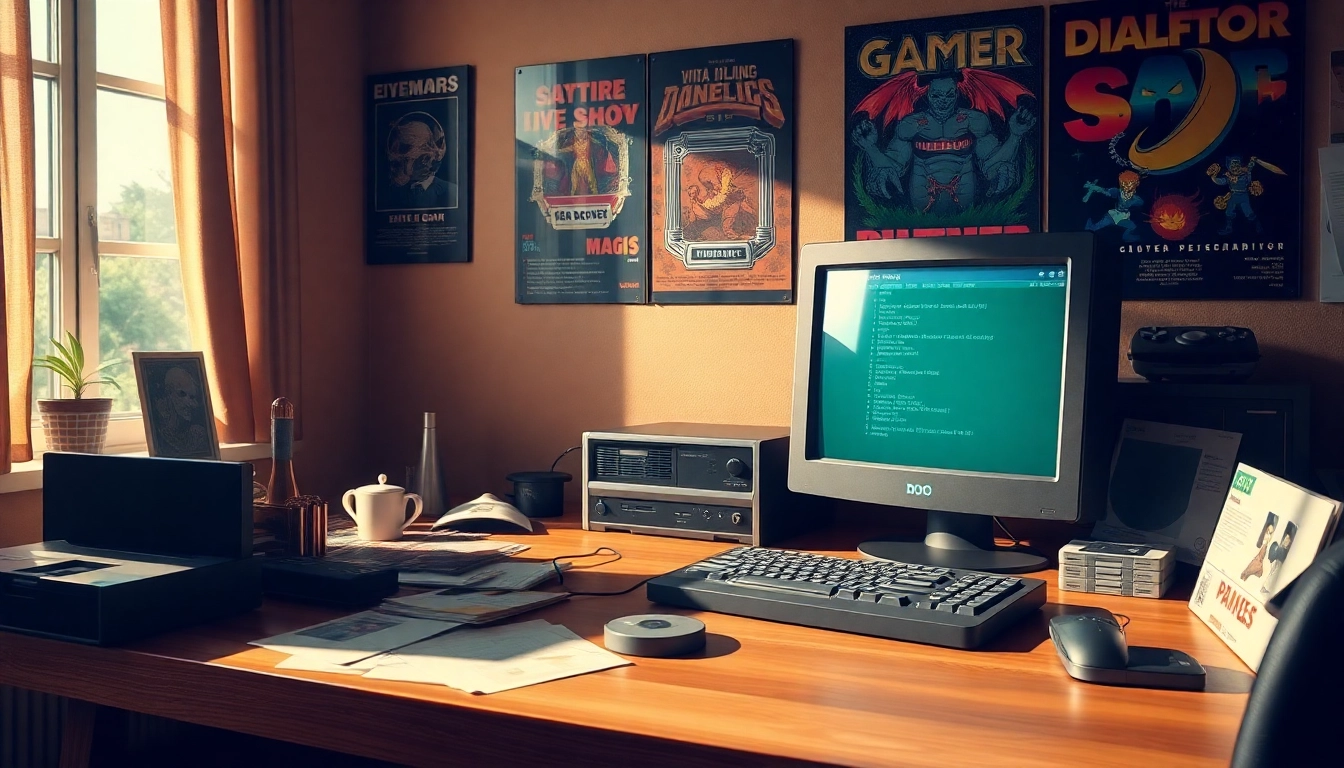 Play DOS games on a vintage computer setup with nostalgic gaming elements.