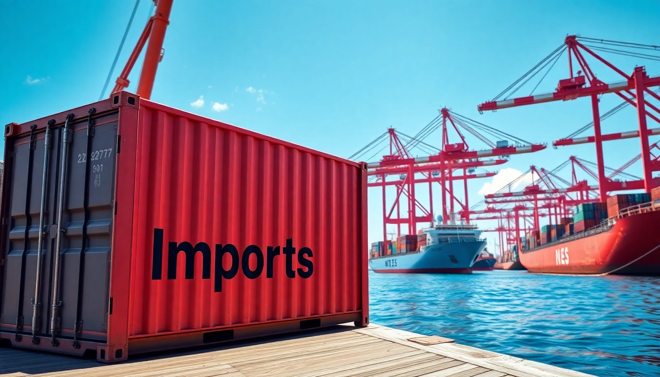 Visual representation of imports showcased through a large freight container at a port, highlighting international trade.