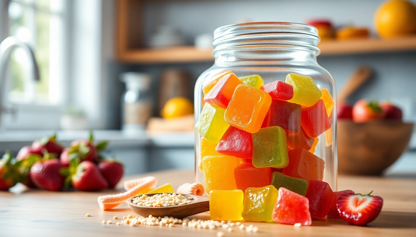 Attractive display of collagen pectin gummies in a glass jar, highlighting color and texture.