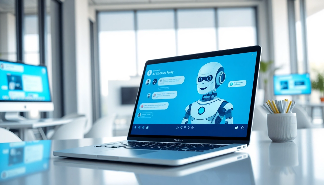 Engaging AI chatbot for website interaction displayed in a modern office setting with digital screens.