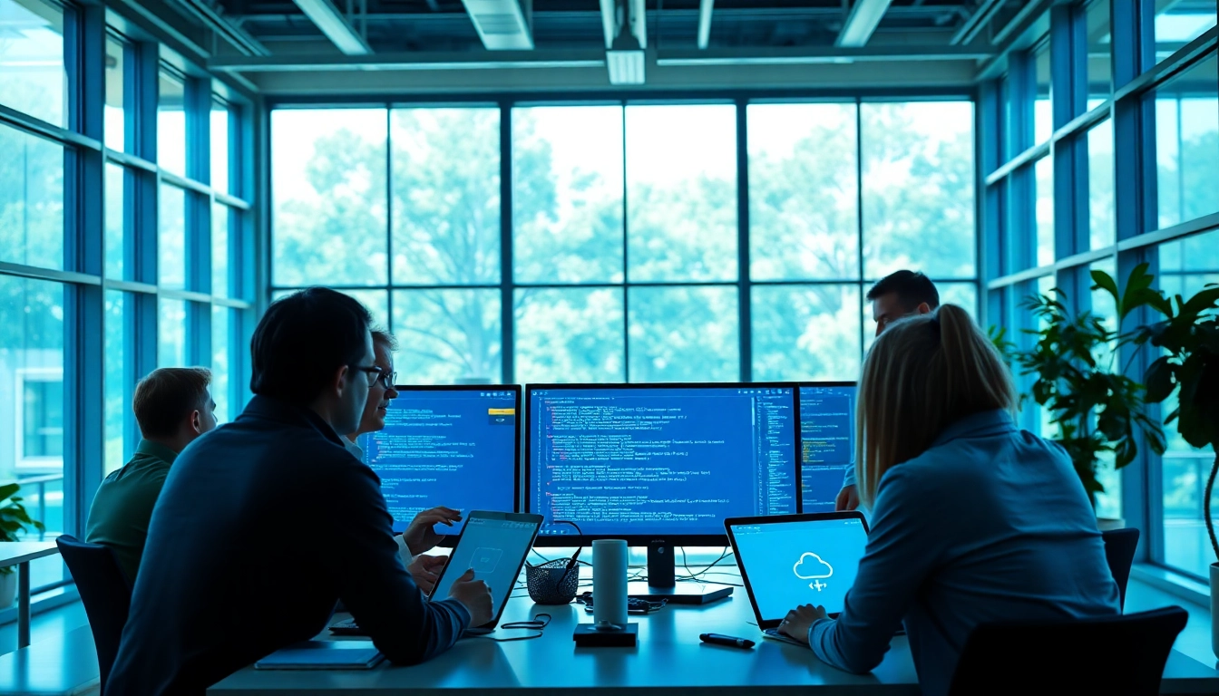 Team collaborating on cloud infrastructure and DevOps services in a modern office setting.