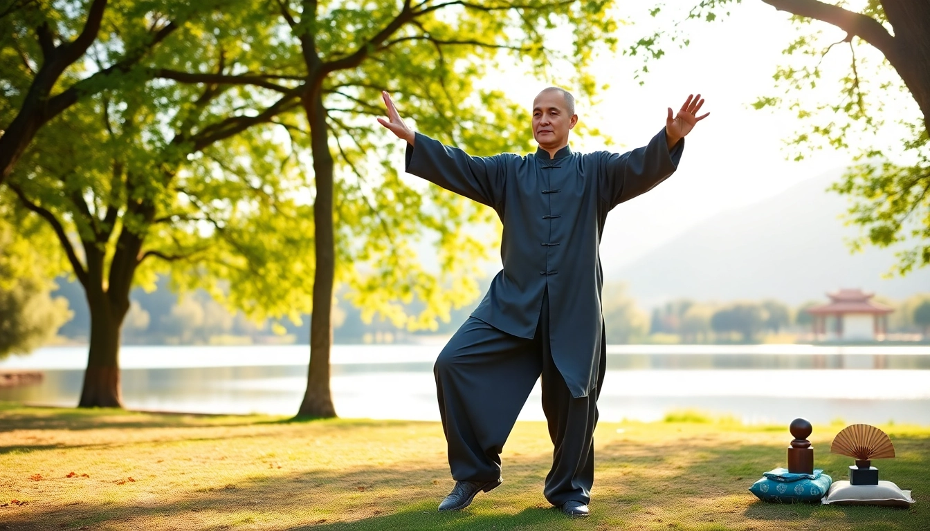 Engaging Online Tai Chi Lessons with a professional instructor performing in a tranquil park.