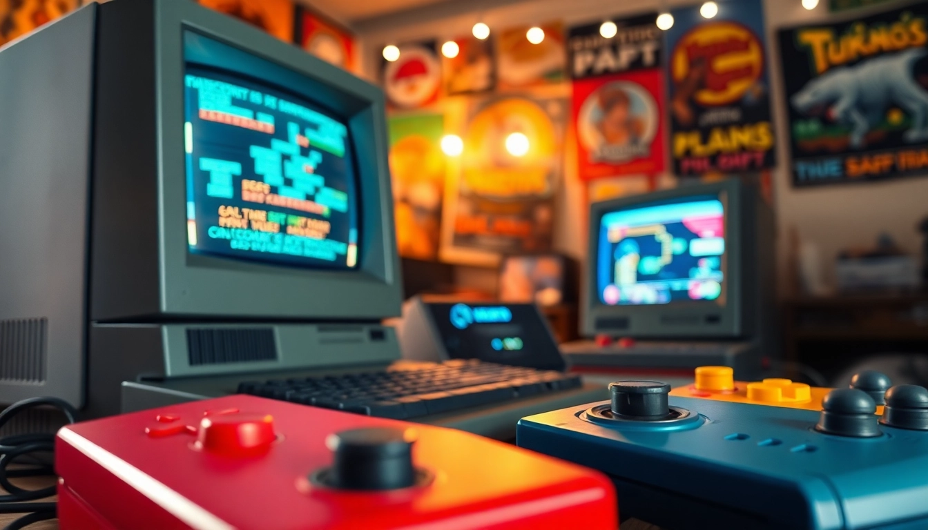 Play DOS games on a vintage computer surrounded by nostalgic gaming elements.