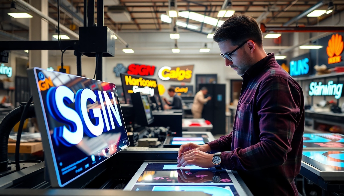 Sign manufacturing professionals creating custom signage using advanced techniques and tools.