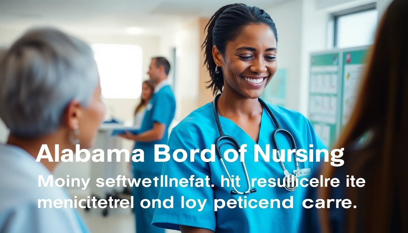 Supportive nurse exemplifying the Alabama Board of Nursing's mission in a bright healthcare environment.
