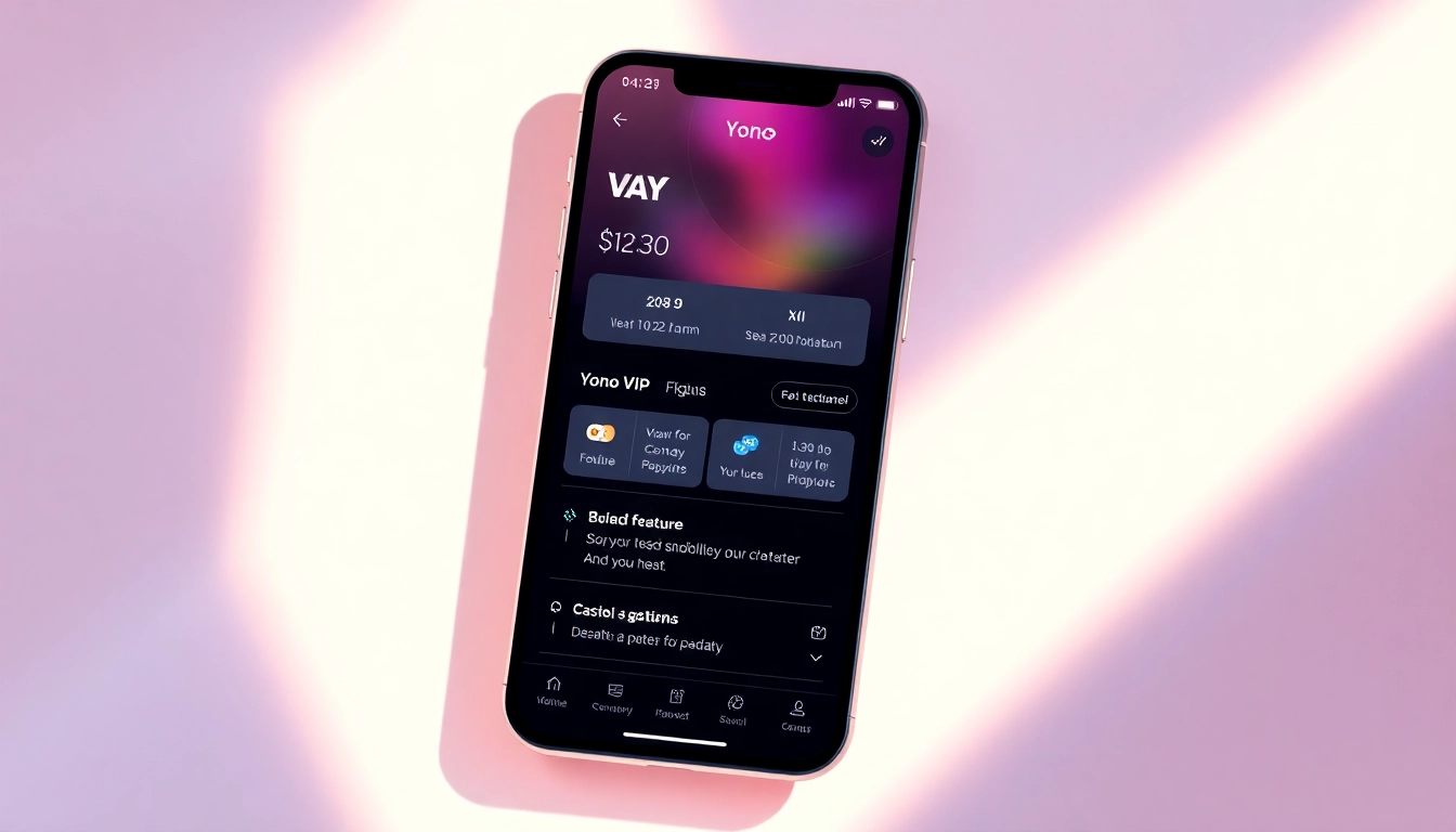 Engage with Yono VIP features through a sleek app interface, highlighting financial management tools.