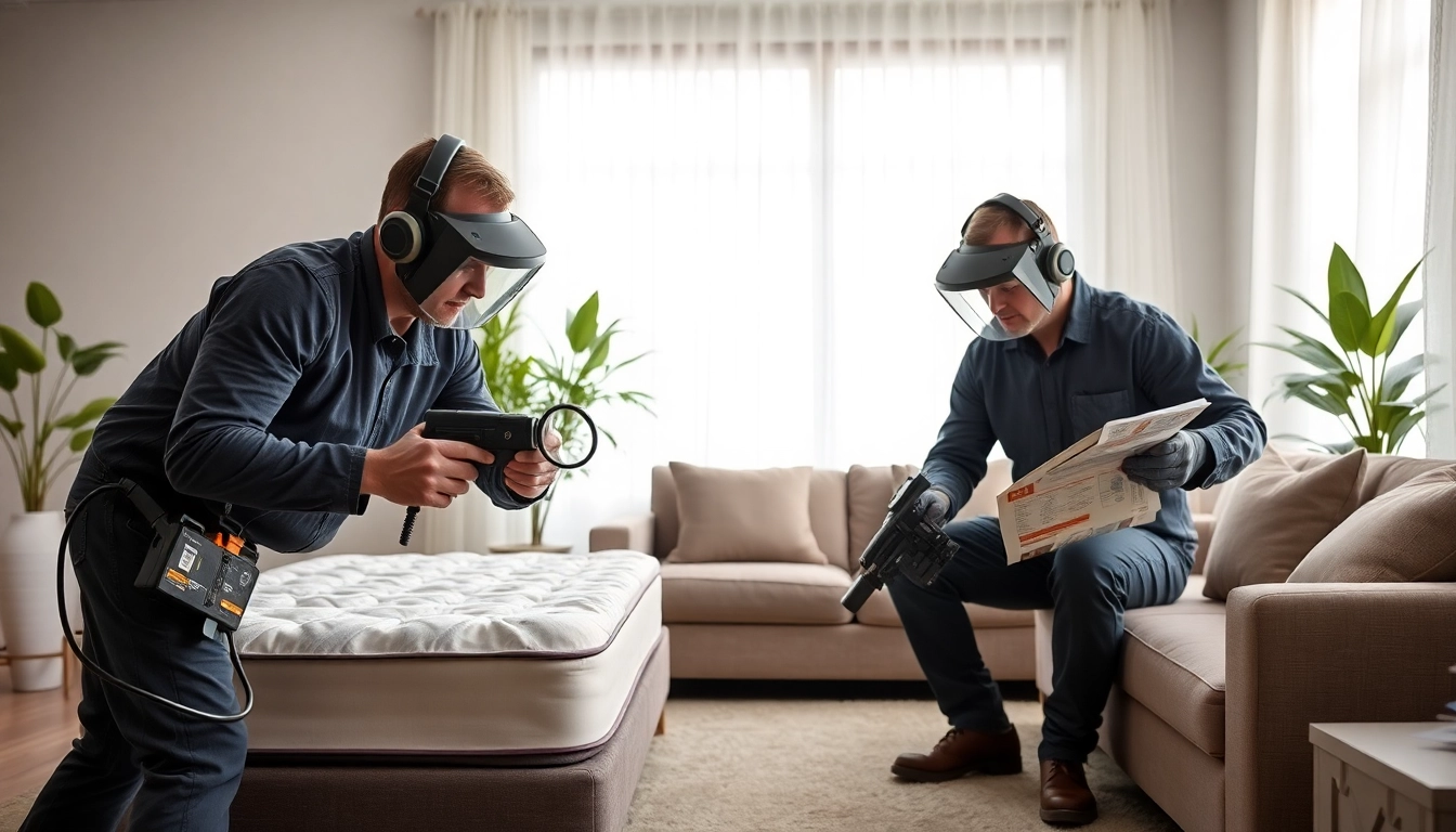 Bed bug exterminators inspecting a home with advanced tools during a detailed examination.