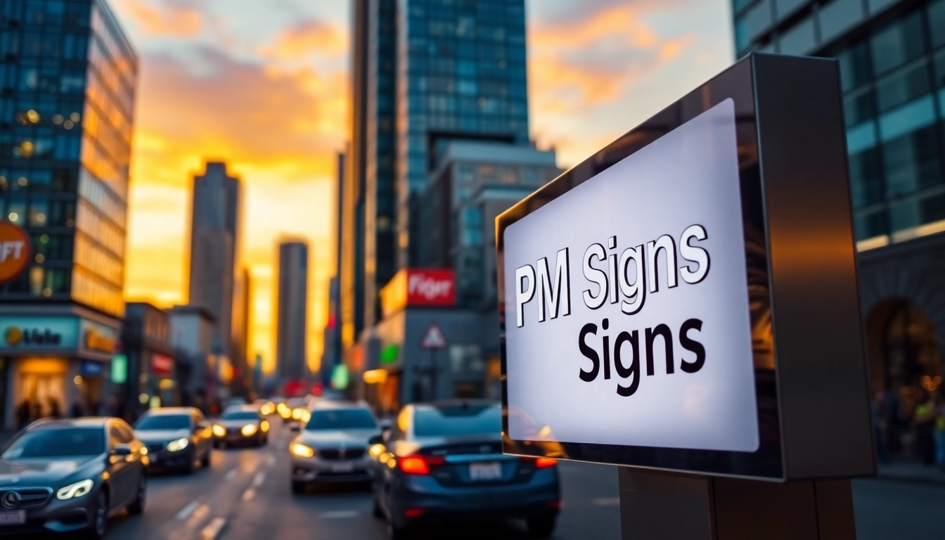 Showcase vibrant PM signs illuminated on a modern outdoor sign in an urban setting.
