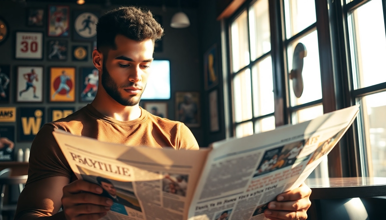 Athlete newspaper being read by a focused athlete in a cozy coffee shop environment.
