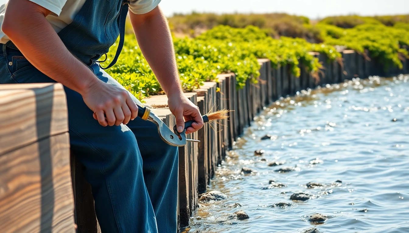 View of bulkhead repair showcasing a technician restoring a wooden bulkhead by the water