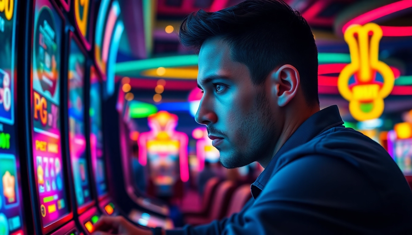 Engaged gamer at a pgslot machine in a bustling casino, highlighting excitement and energy.