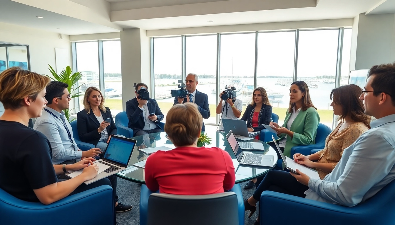Journalists actively discussing news cape coral in a vibrant, modern office setting.