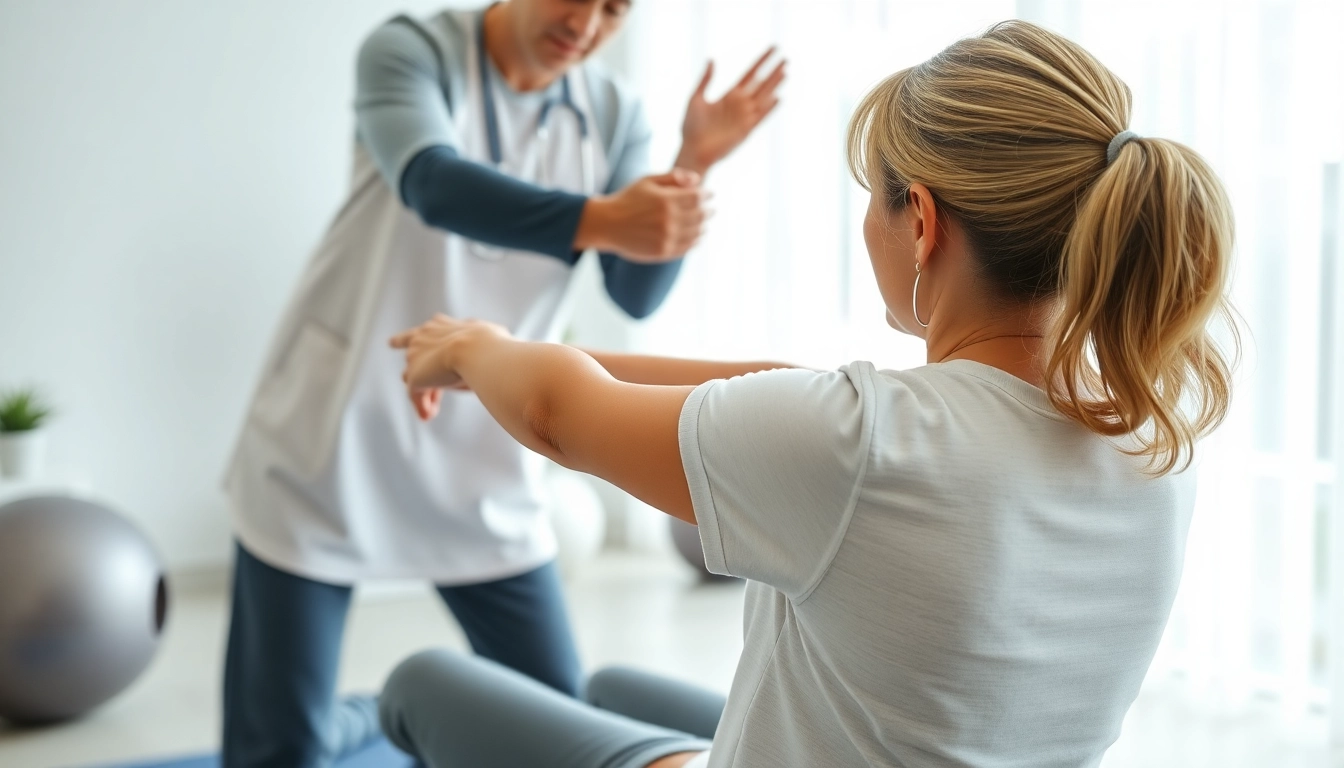 Physiotherapist demonstrating exercises for Rückenschmerzen in a modern clinic.